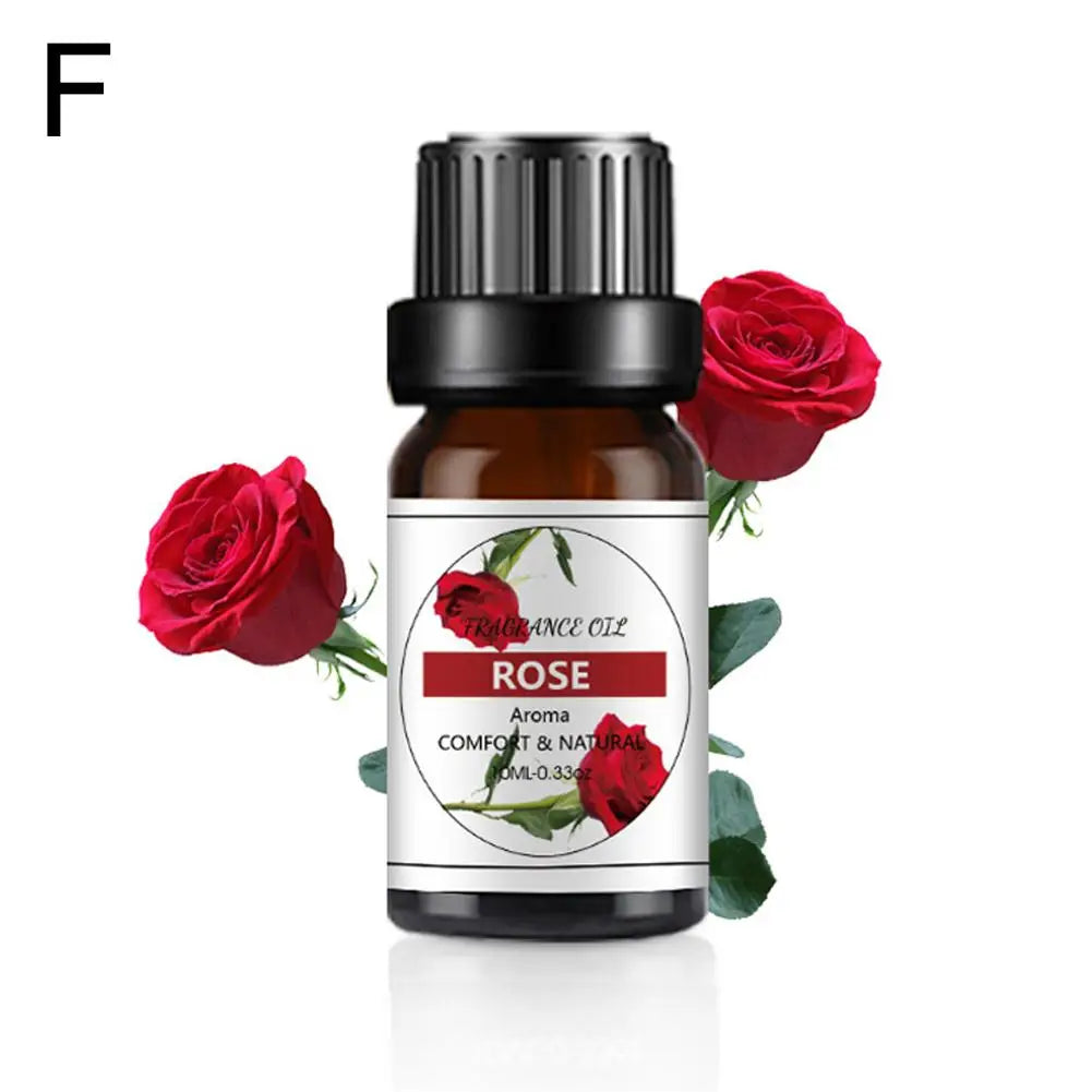 10ml amber glass bottle of rose fragrance oil with a black dropper cap, decorated with red rose illustrations.