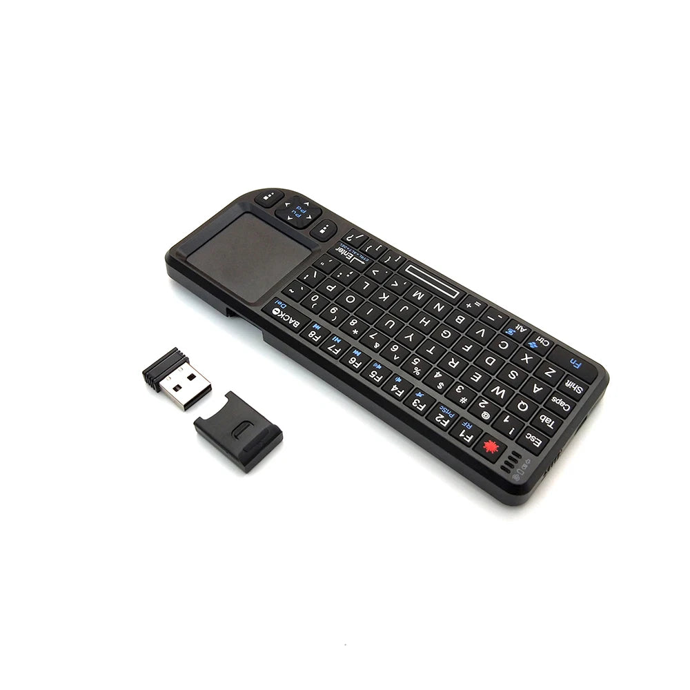 Black plastic mini wireless keyboard with a trackpad, navigation keys, and a USB receiver dongle.