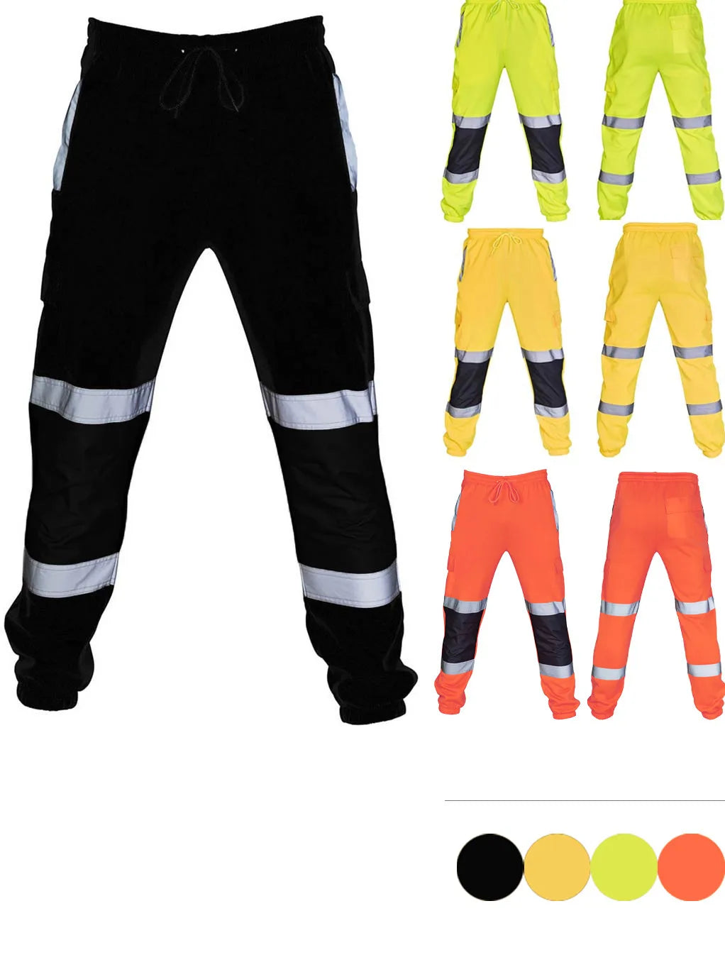 Men’s drawstring work trousers with reflective leg stripes, available in black, yellow, neon yellow, and orange.