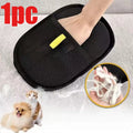 Black mesh pet hair removal mitt on a hand, shown removing fur from fabric. Includes a cat and dog illustration.