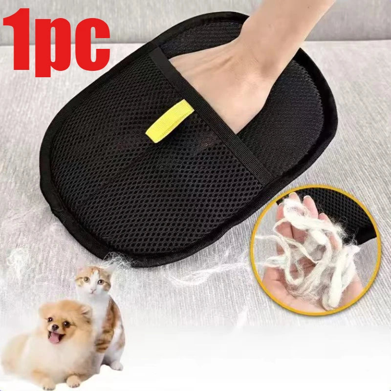 Black mesh pet hair removal mitt on a hand, shown removing fur from fabric. Includes a cat and dog illustration.