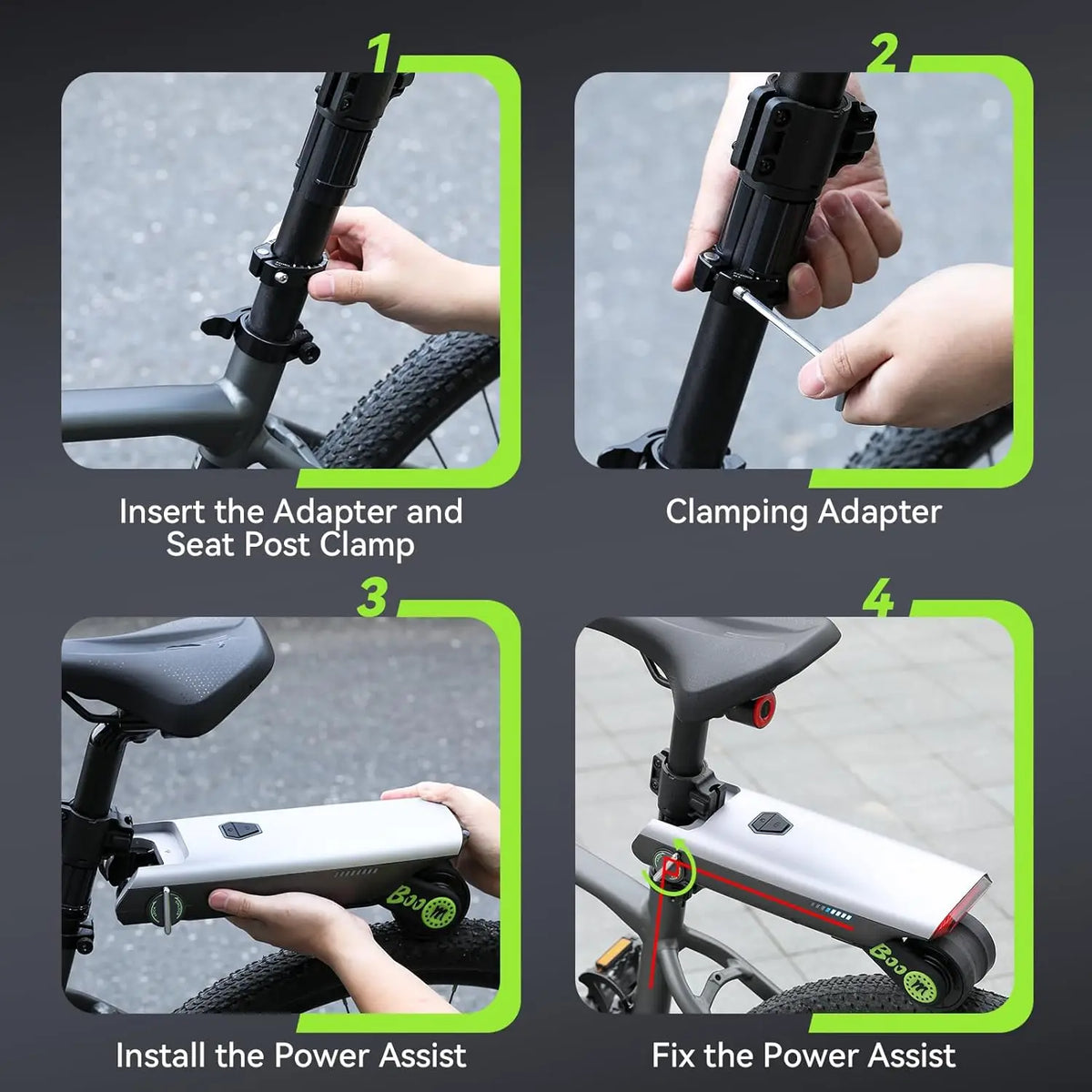 Four-step guide showing installation of a silver and black portable 18V electric bicycle booster motor.