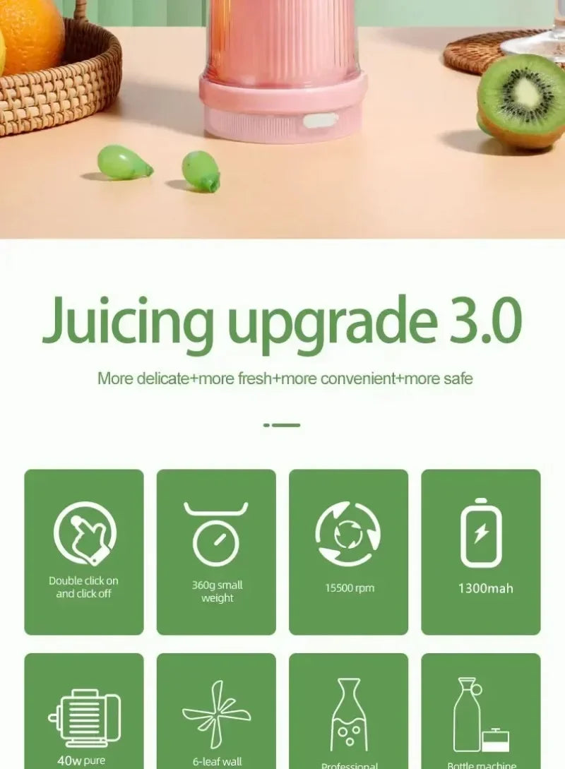 Portable pink blender with a sleek design and 6-leaf blade, featured with icons highlighting its technical specs.