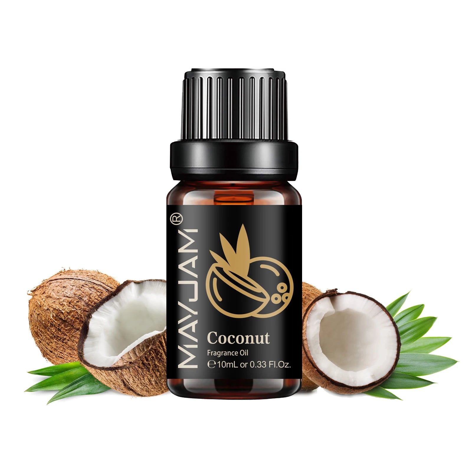 10ml amber glass bottle of coconut fragrance oil with a black dropper cap, surrounded by fresh coconut and leaves.