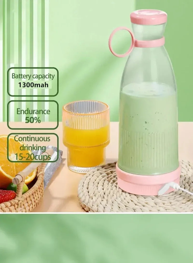 Portable blender with a pastel pink base and lid, clear bottle, and carrying ring on a woven mat.