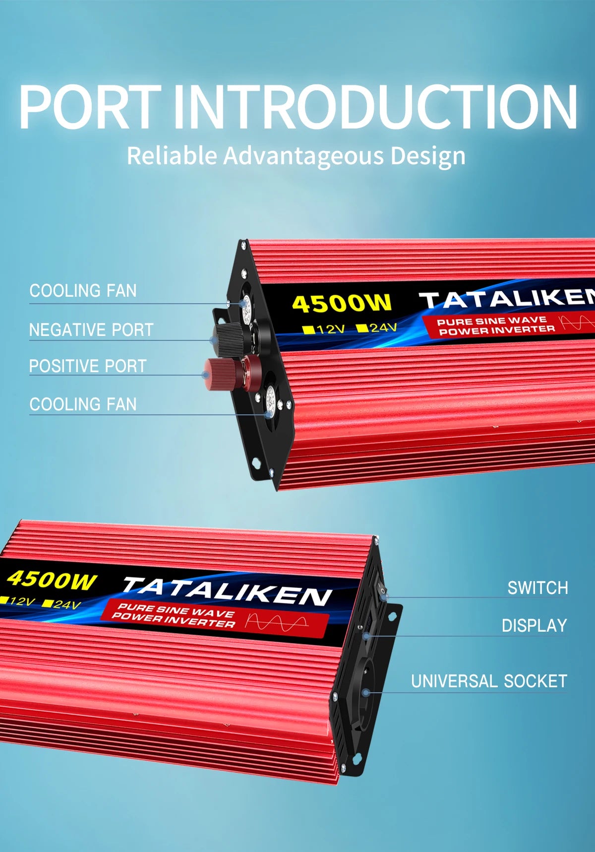 Red 4500W pure sine wave power inverter showing cooling fans, battery terminals, power switch, display and socket.