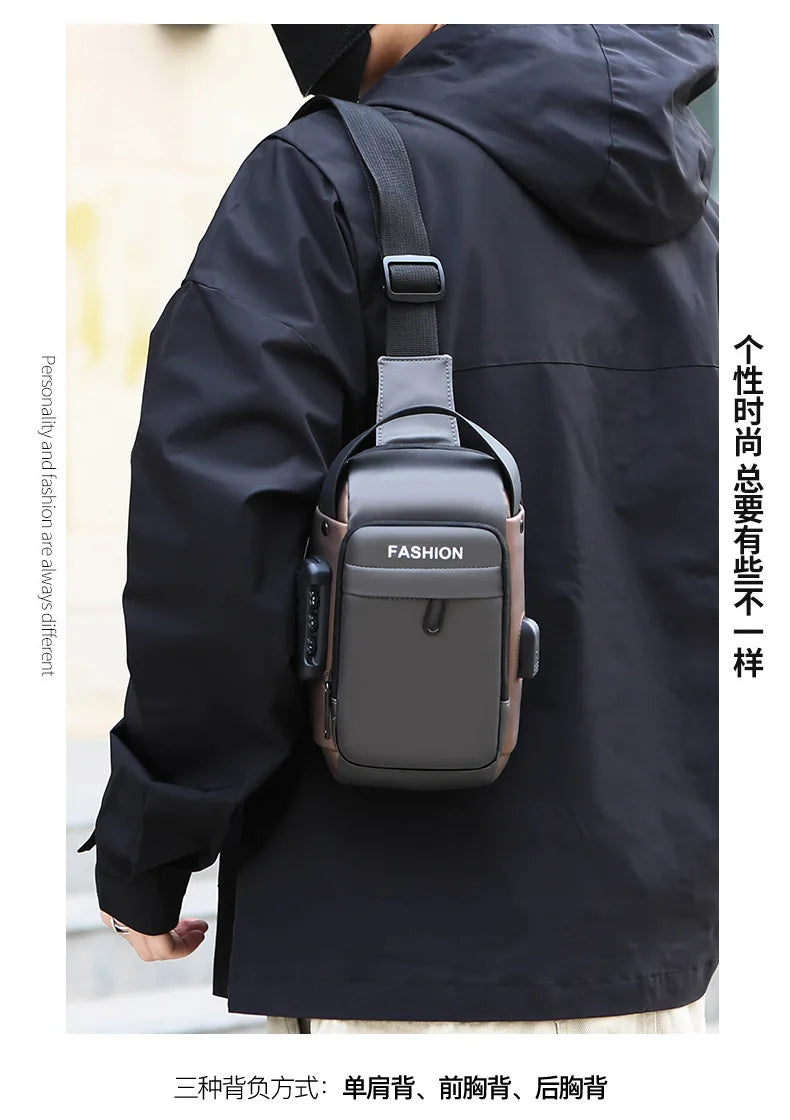 Grey anti-theft crossbody sling bag with a USB charging port and secure lock, worn over the shoulder by a man.