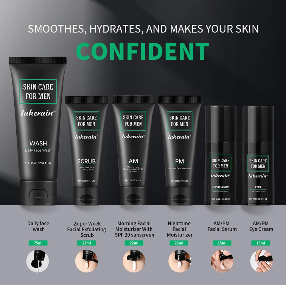 Set of six black men's skincare products including face wash, scrub, moisturisers, serum, and eye cream.