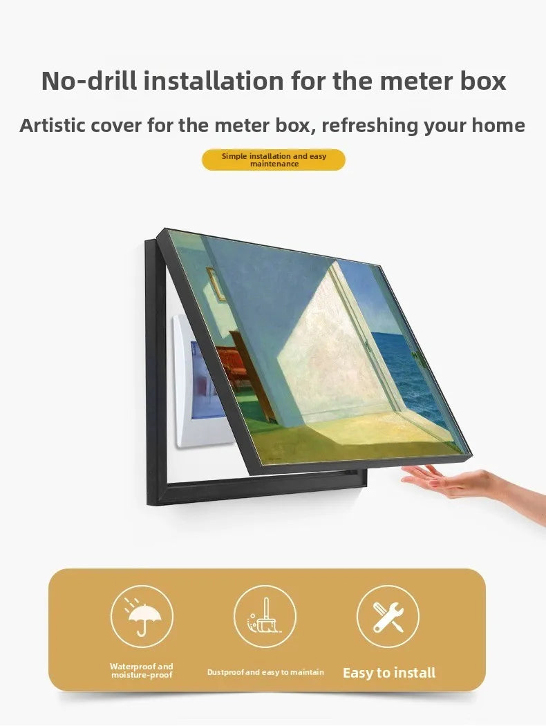 Decorative meter box cover featuring coastal art in a modern black frame, with a simple, drill-free hinged design.