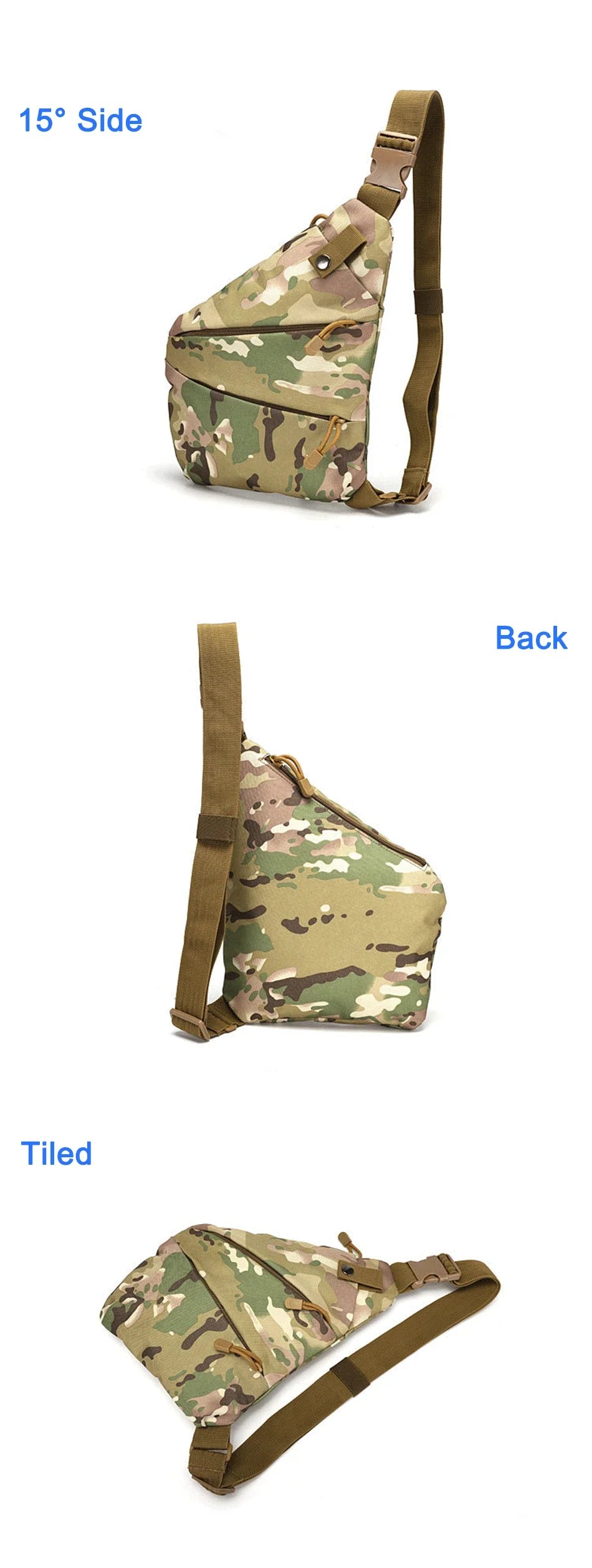 Compact, camo-print men's crossbody sling bag with multiple zip pockets, adjustable strap, and buckle fastening.