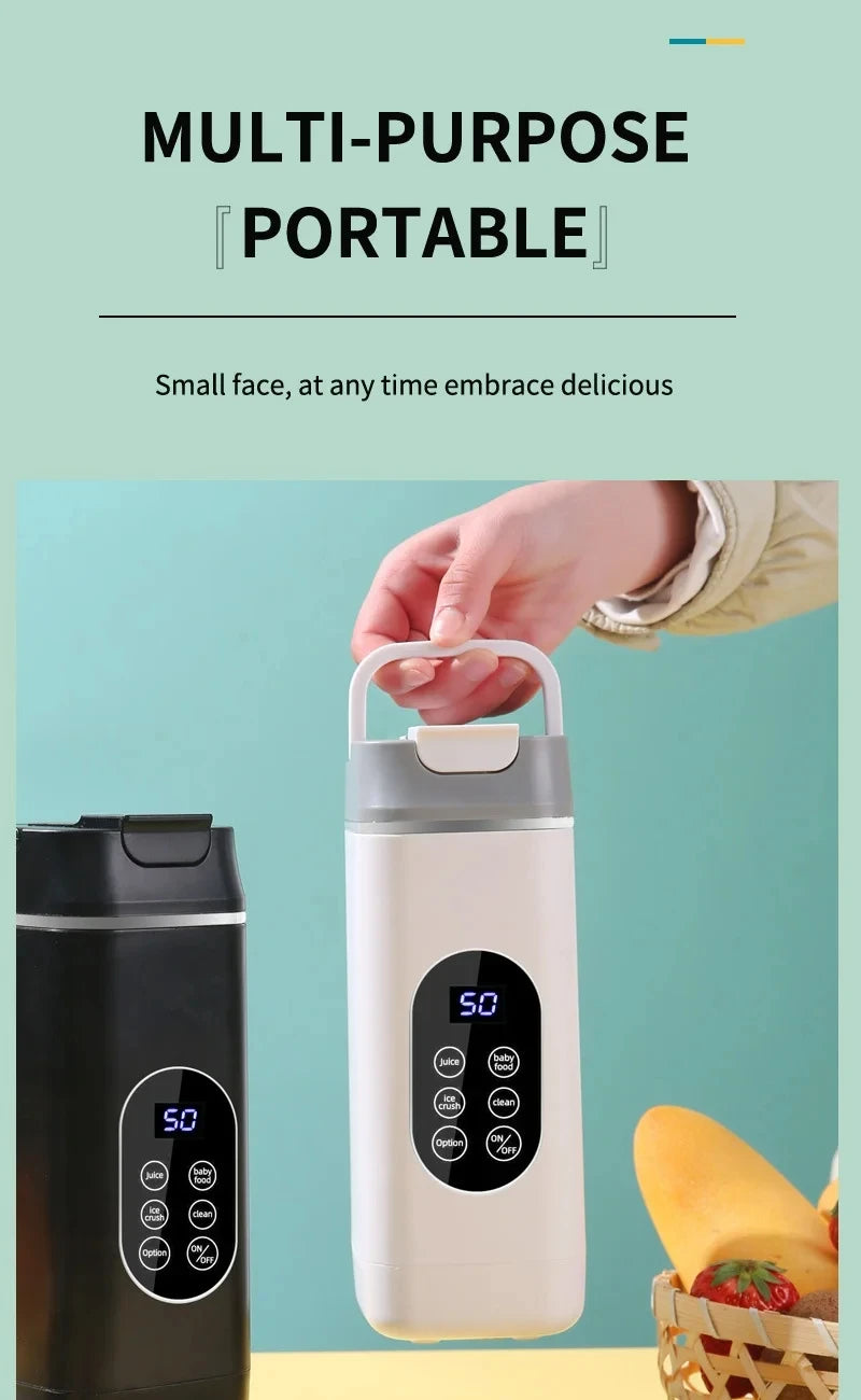 Portable, minimalist blender with a digital display, touch buttons, and a convenient carrying handle. White and black.