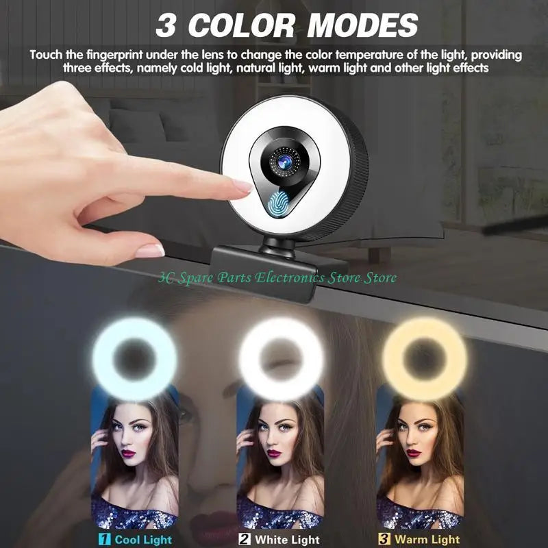 Black plastic webcam with integrated LED ring light, touch-sensitive brightness control, and adjustable color modes.