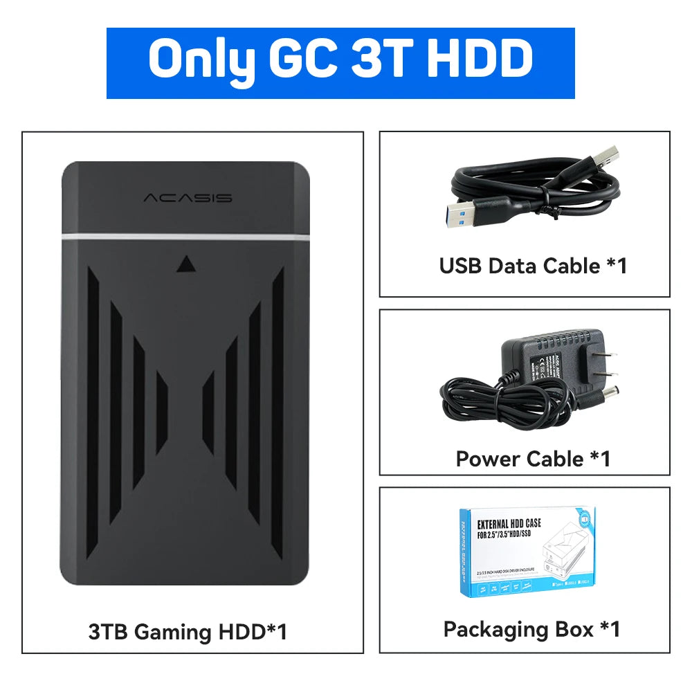 Black Acasis 3TB portable gaming HDD with vented grill design, shown with USB cable, power adapter, and box.