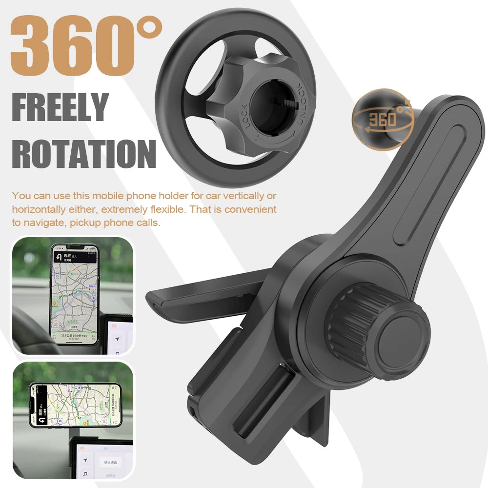 Black 360-degree rotating car phone holder with an adjustable arm and vent clip mount.