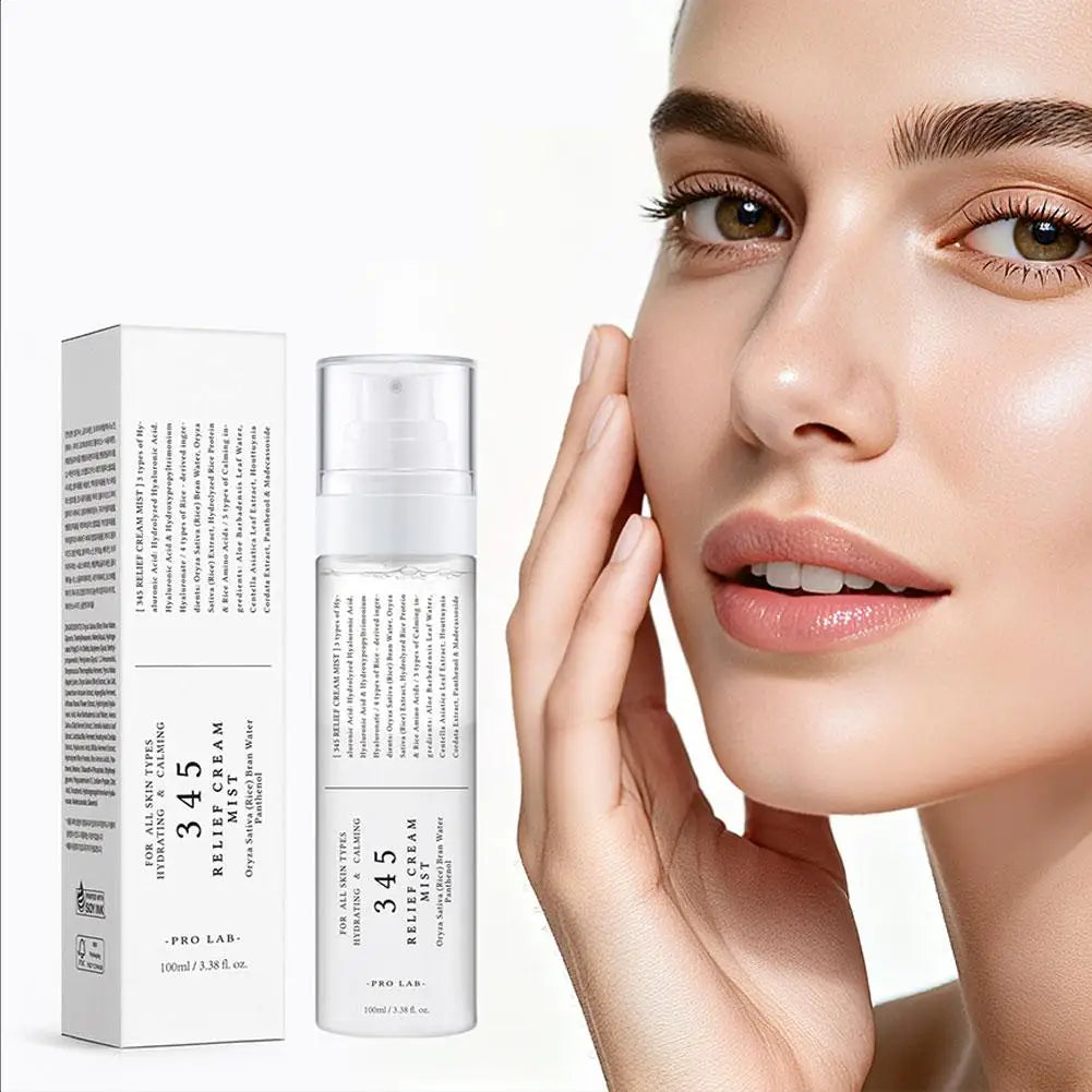 Hydrating and calming rice relief cream mist in a white, minimalist spray bottle next to its matching packaging box.