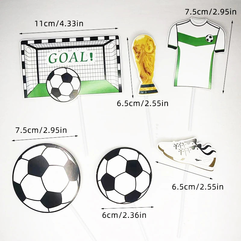 Set of football-themed cake toppers featuring a goal, trophy, green jersey, footballs, and shoe with dimensions shown.