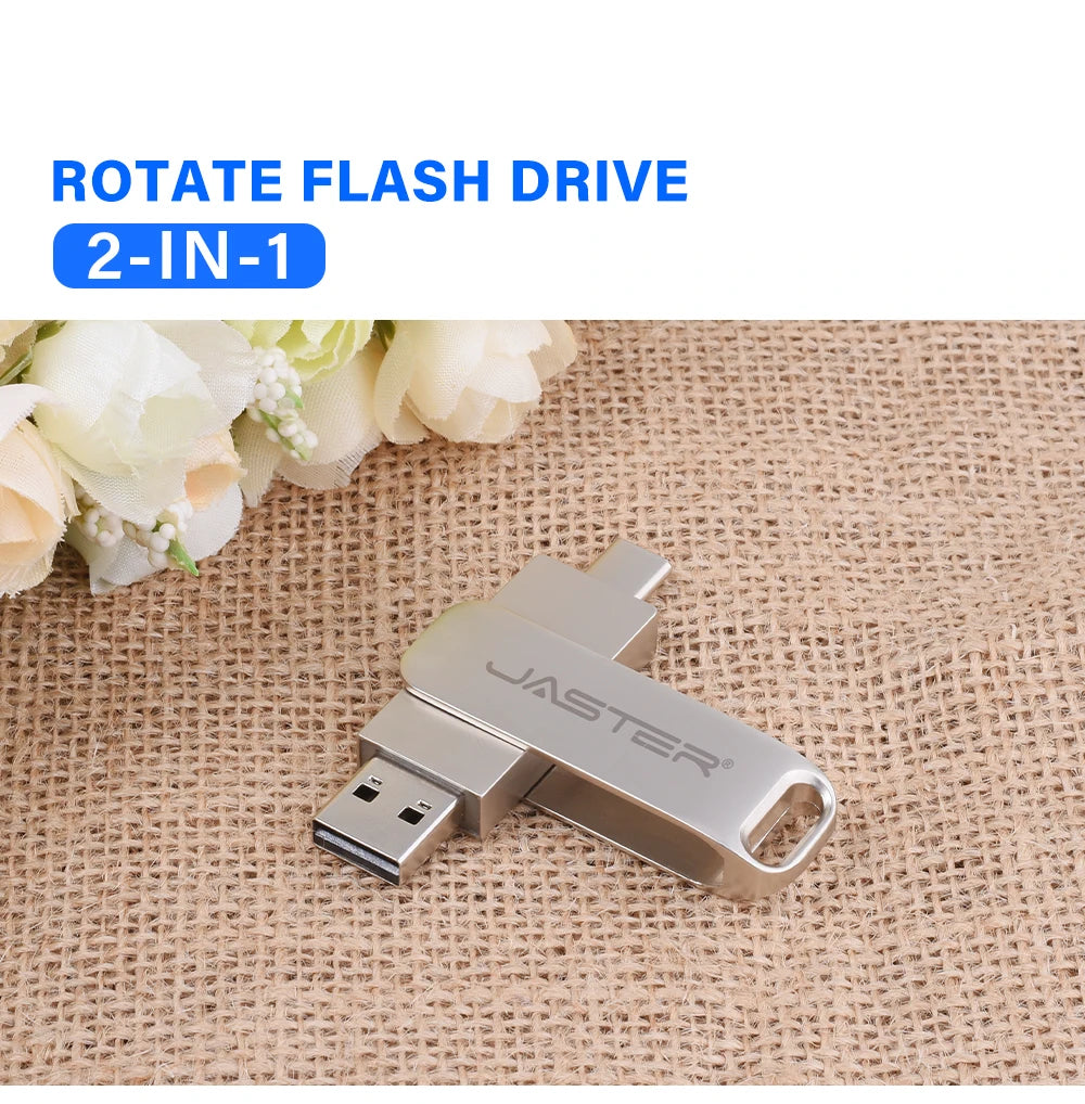 Silver swivel 2-in-1 flash drive featuring both USB-C and USB-A connectors on a textured beige background.