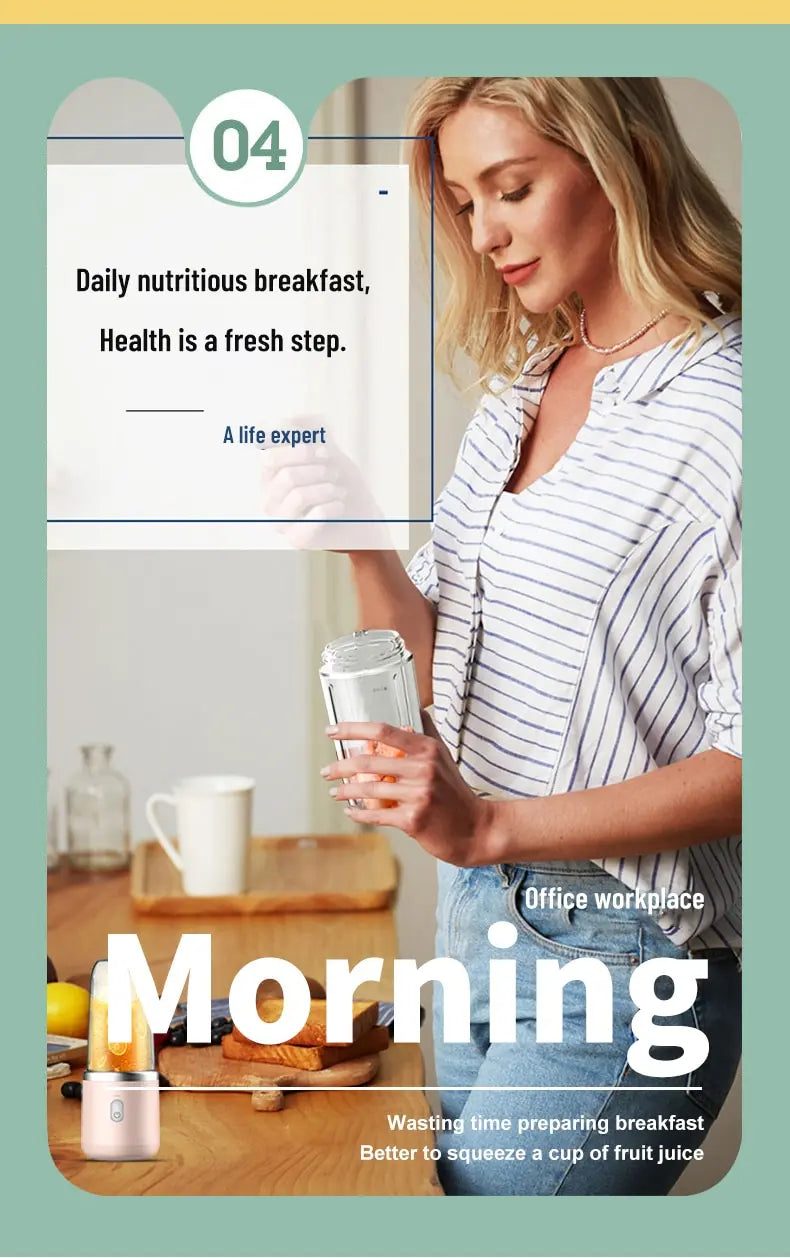 A blonde woman holds a portable, cylindrical light pink personal blender with a clear container on a wooden surface.