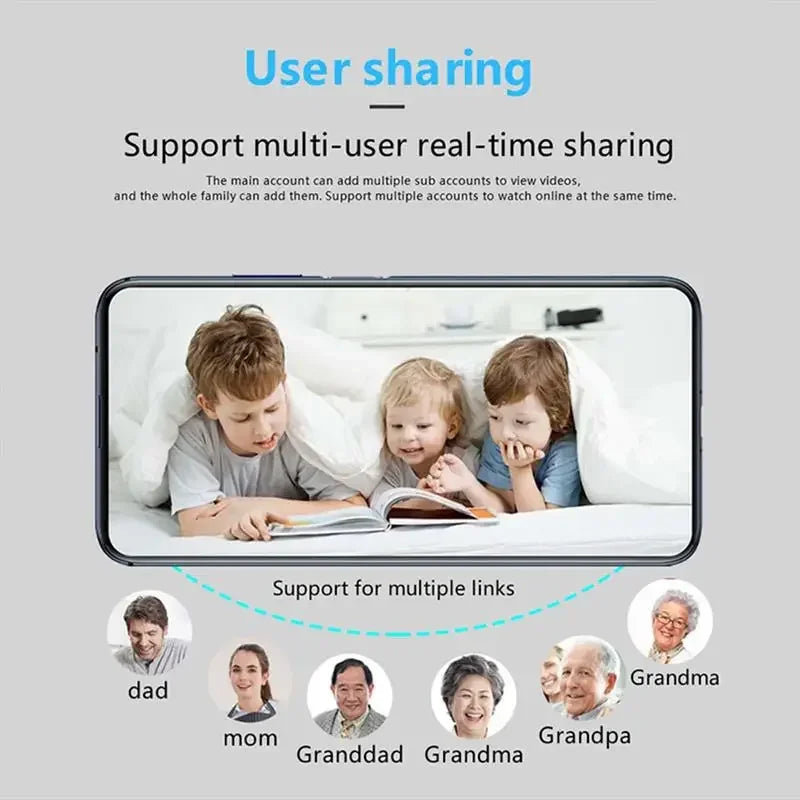 A smartphone screen showing three children reading, demonstrating multi-user real-time camera sharing for the whole family.