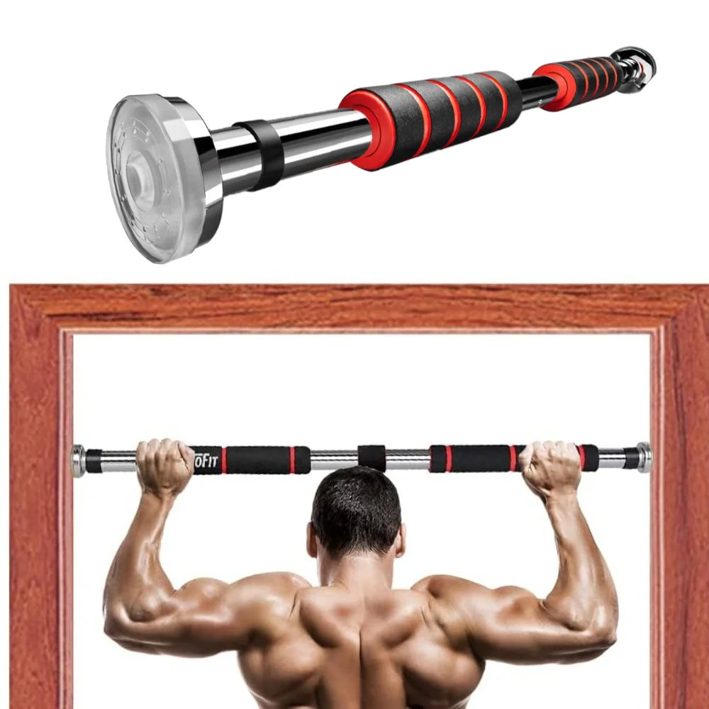 A chrome pull-up bar with black and red foam grips, installed in a door frame, with a man demonstrating its use.