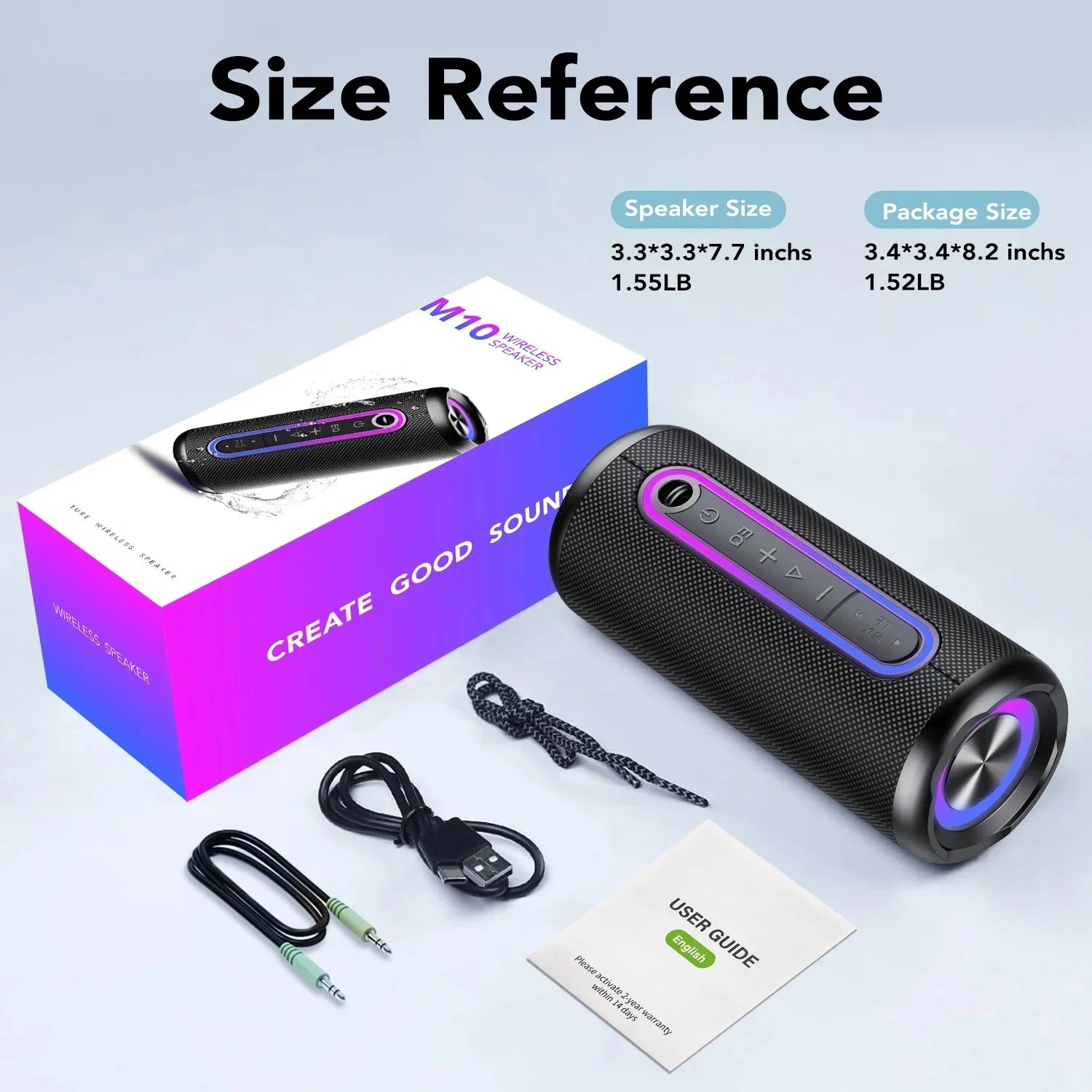 Black cylindrical Bluetooth speaker with purple LED accents, charging cable, aux lead, and retail packaging.