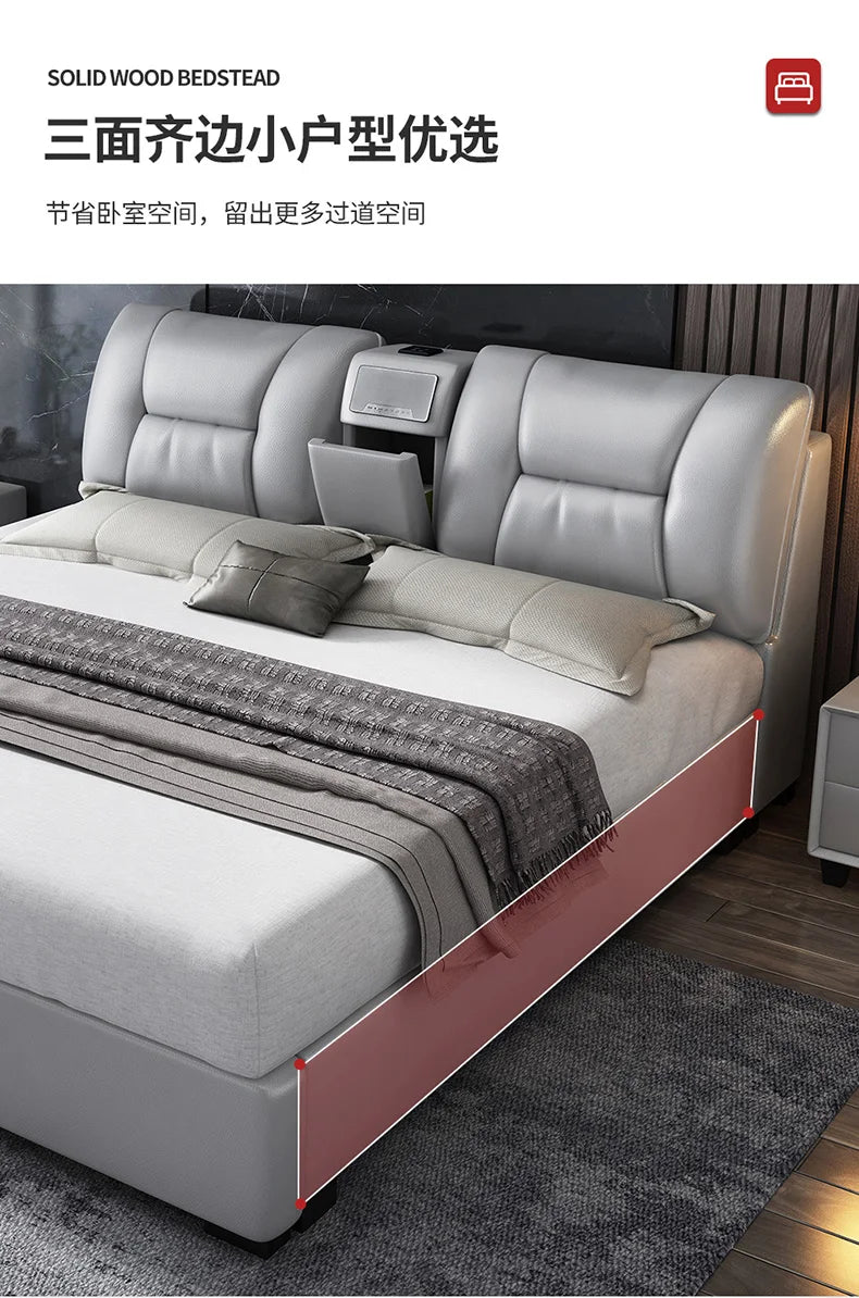 Minimalist light grey upholstered king-size bed frame featuring a built-in headboard storage compartment.