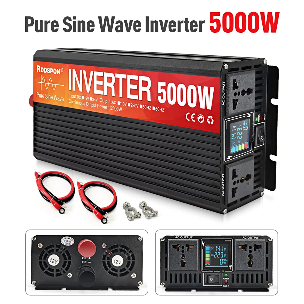 Black 5000W pure sine wave inverter with dual AC sockets, digital LCD display, cooling fans, and connecting cables.