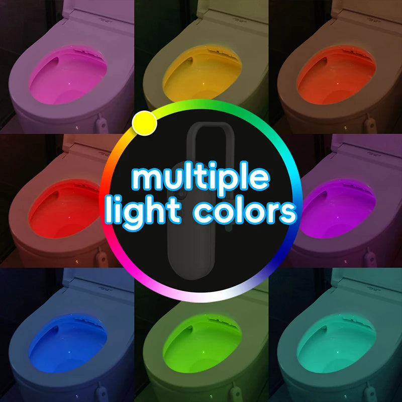 USB-rechargeable motion sensor toilet light showing various colourful LED lighting options for the toilet bowl.