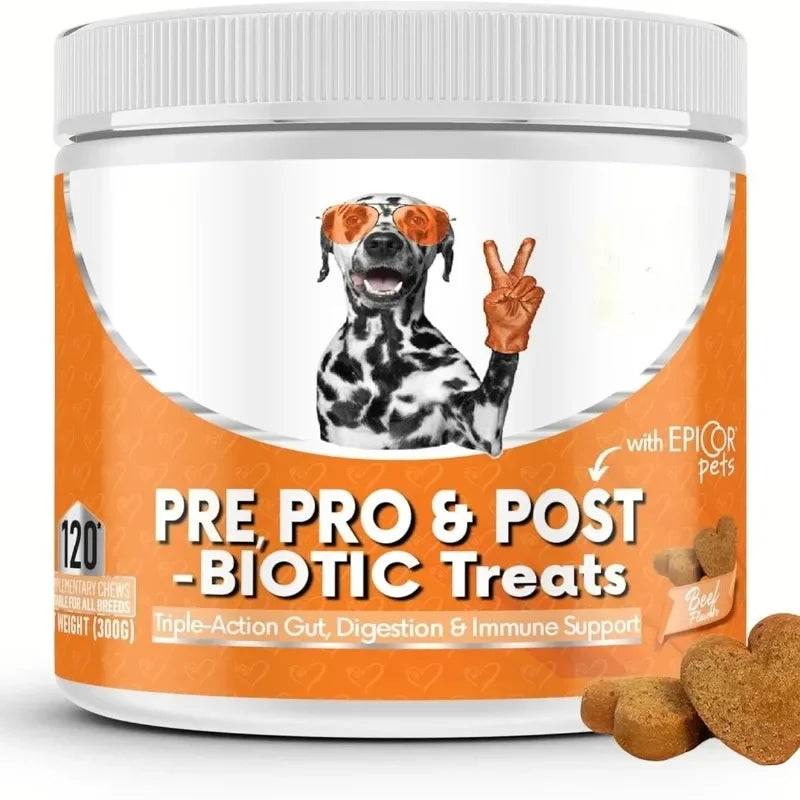 Tub of pre, pro and post-biotic beef-flavoured heart-shaped dog treats for gut and immune support.