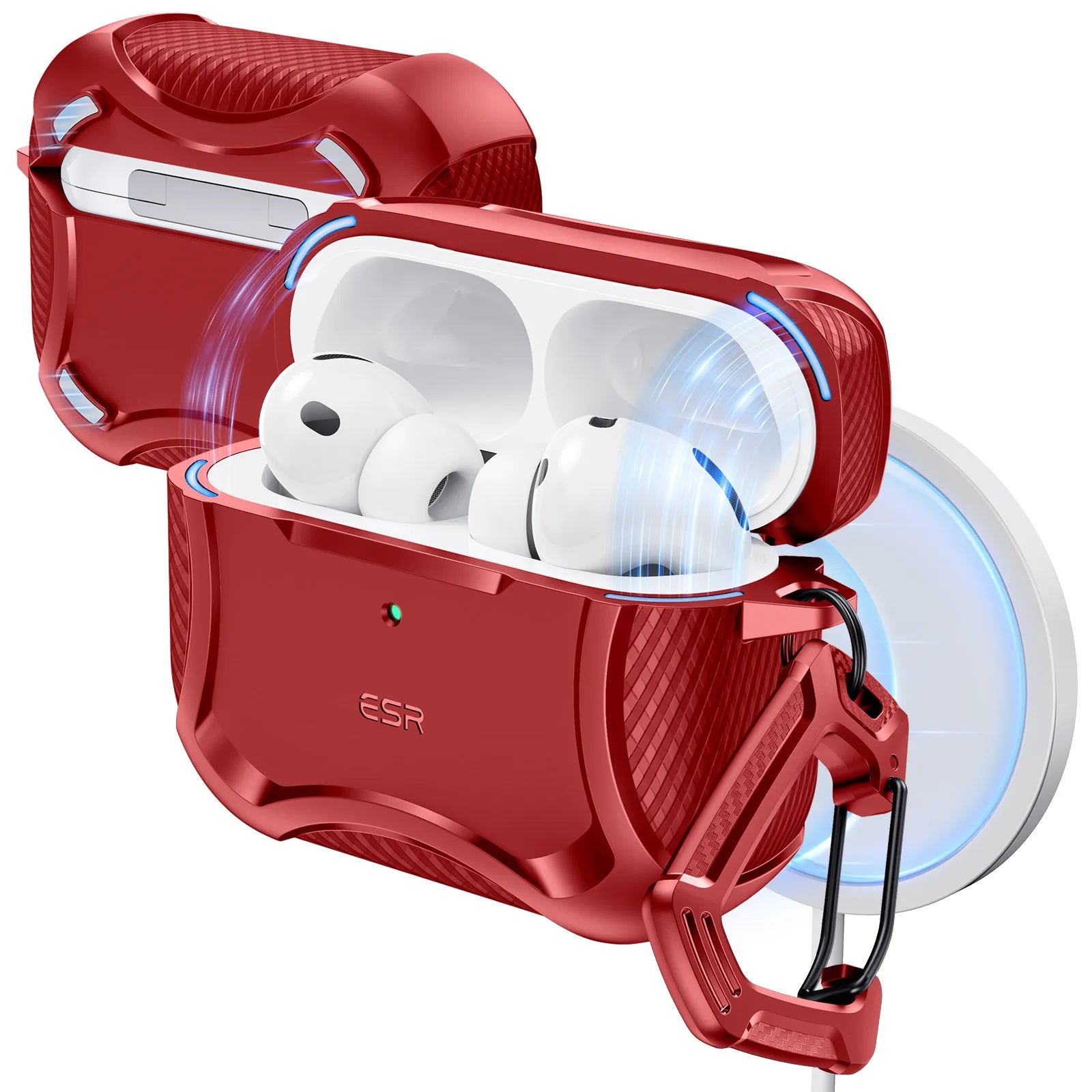 Red, rugged ESR protective case for AirPods Pro 2, featuring a textured design and carabiner clip.