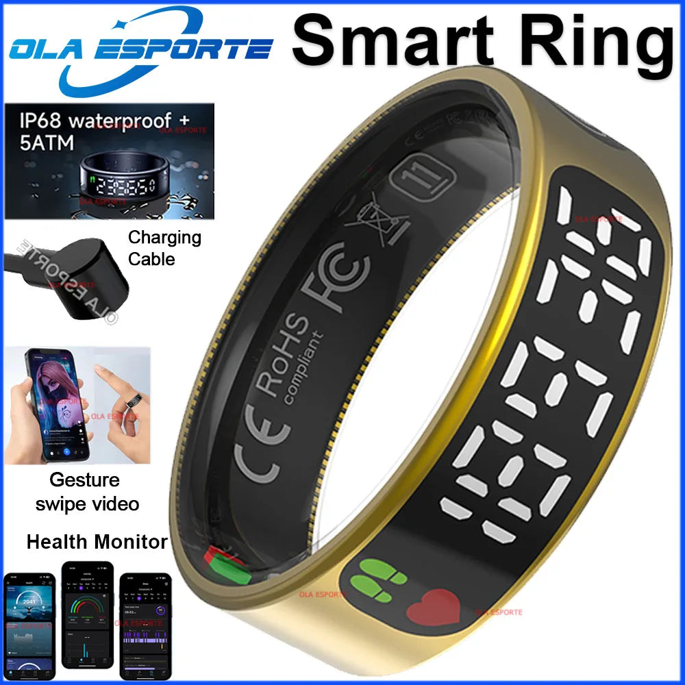 Gold smart health ring with a digital touch display, including charging cable, waterproof rating and mobile app sync.