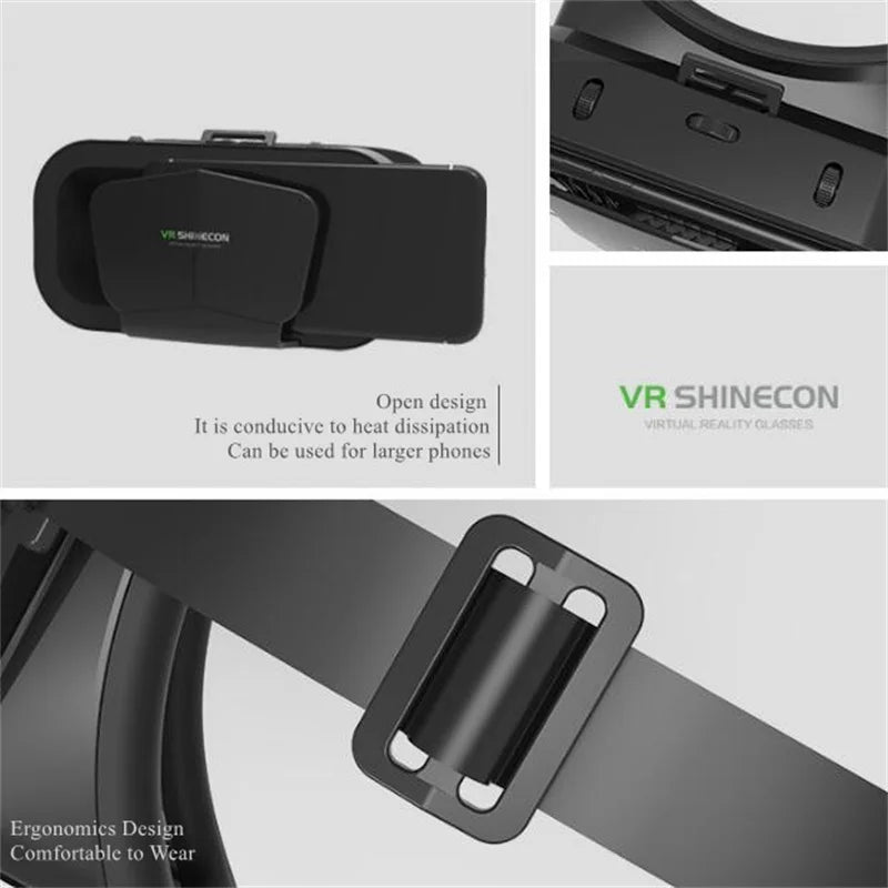 Black VR Shinecon 3D virtual reality headset showing open phone mount, adjustable controls, and ergonomic strap.