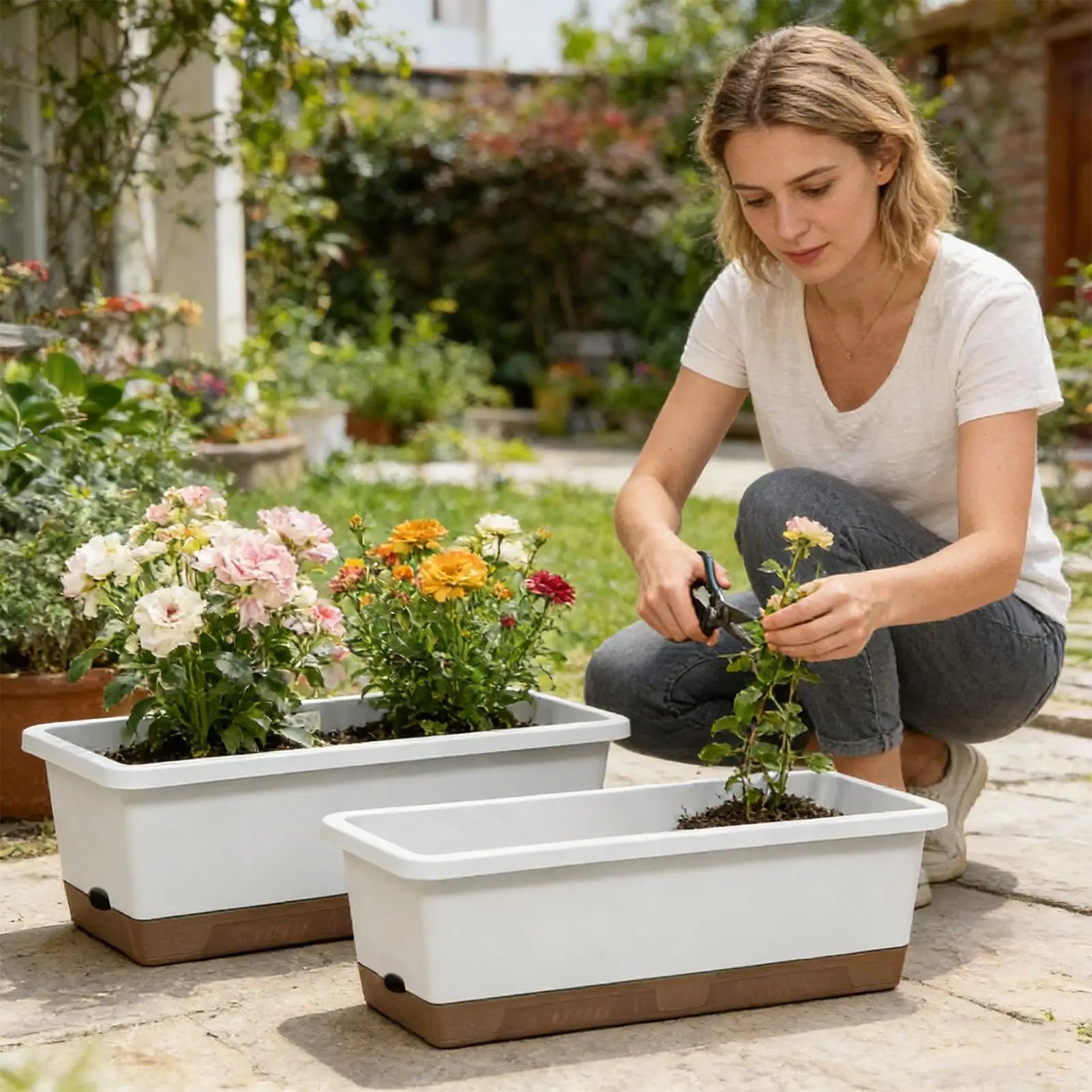 Woman pruning flowers in a modern, two-tone white and brown self-watering rectangular planter on a garden patio.