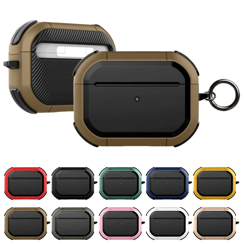 Rugged, shockproof protective case for AirPods Pro in various colours with a carbon fibre effect and carabiner.