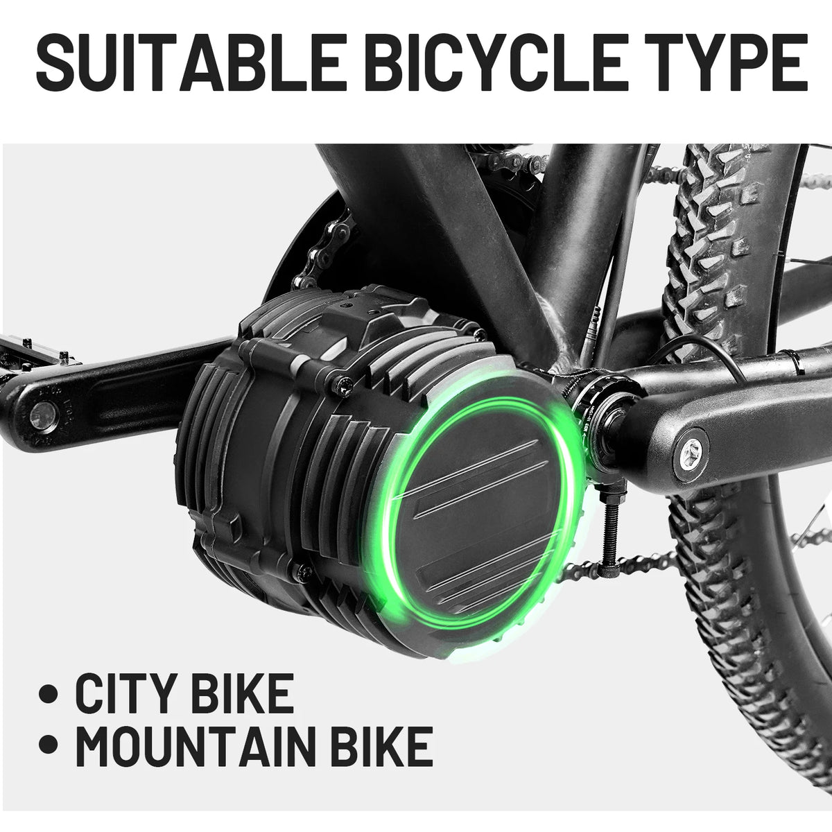 Black mid-drive ebike motor kit mounted on a bicycle frame with a glowing green highlight.