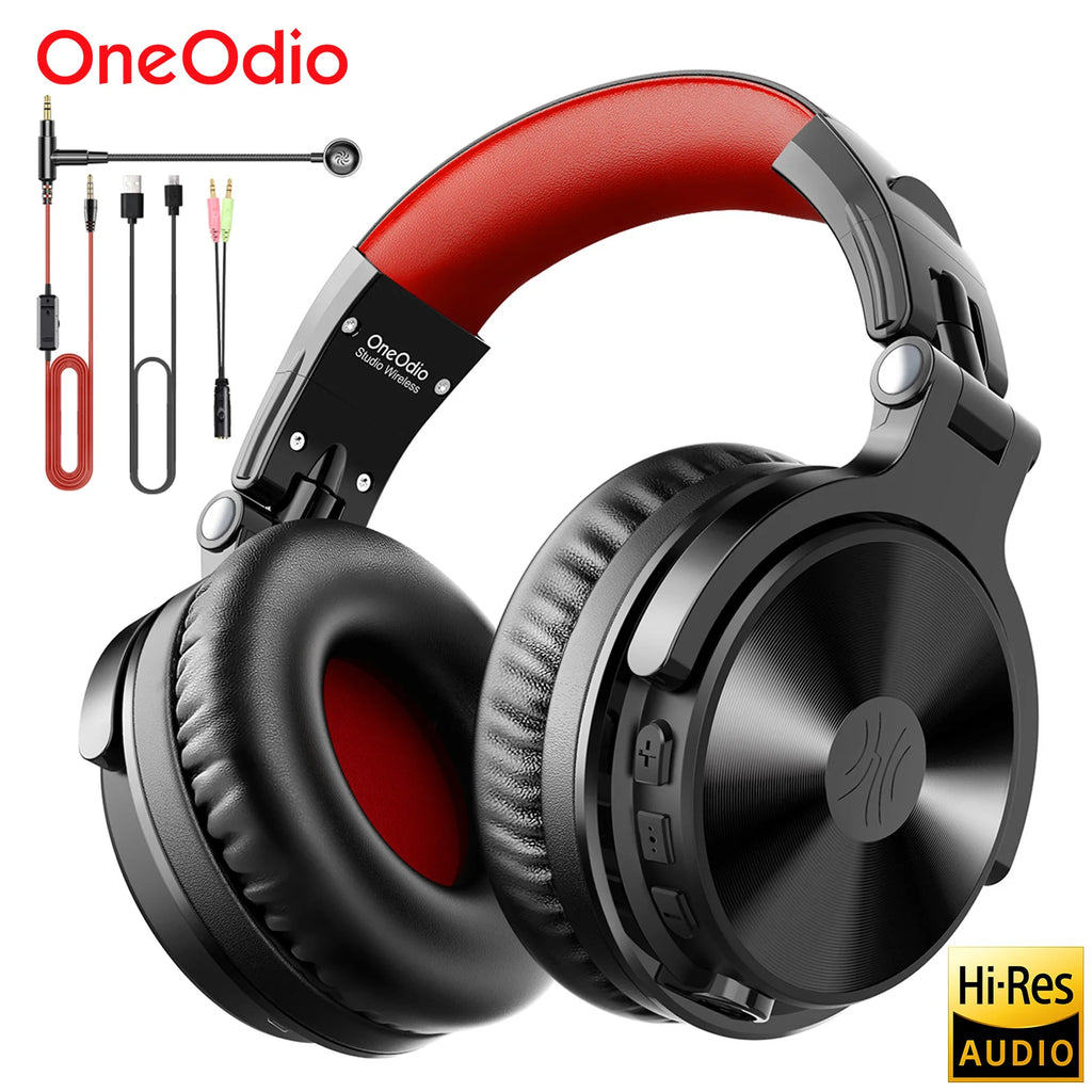 Black and red wireless over-ear headphones with a detachable boom microphone and various connection cables.