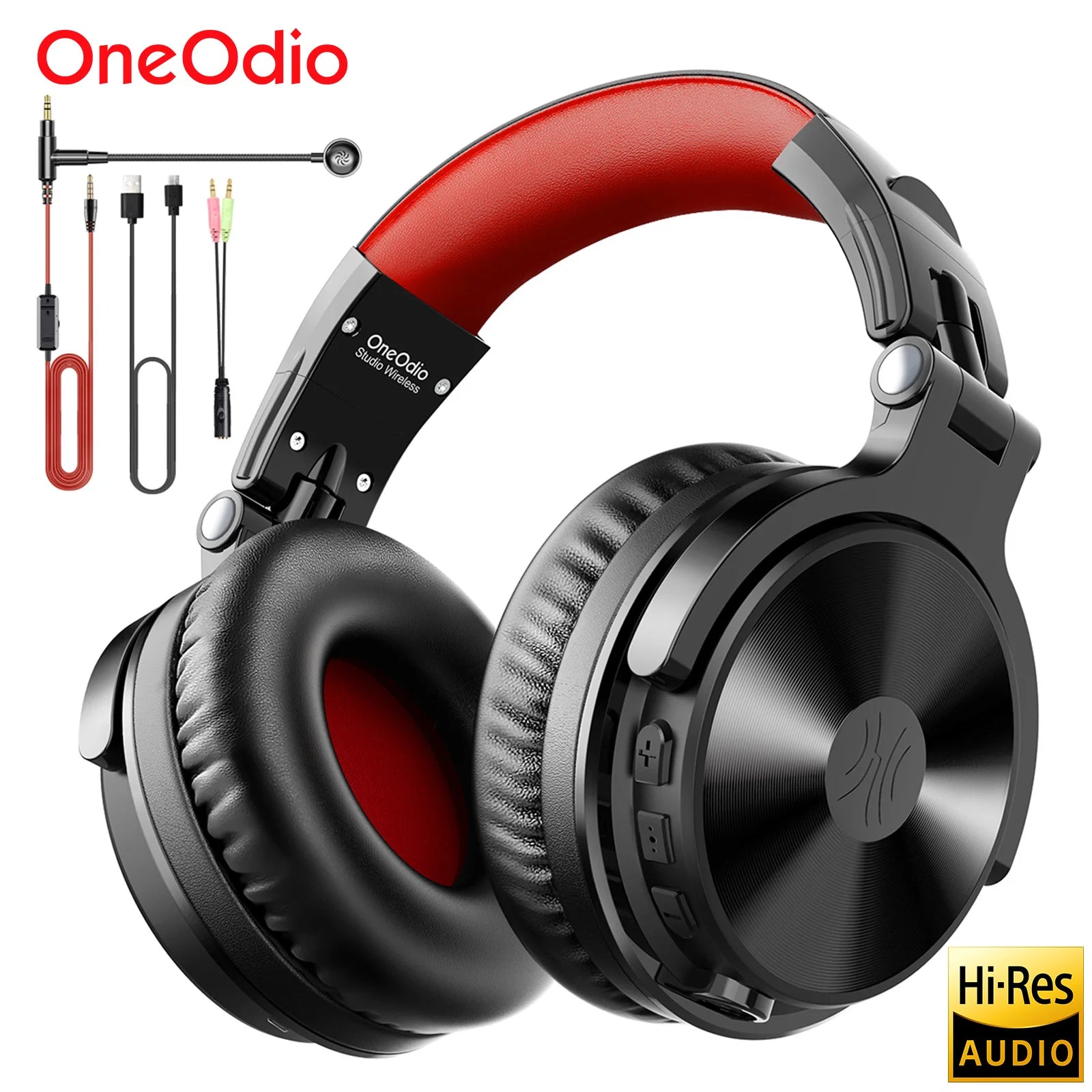 Black and red wireless over-ear headphones with a detachable boom microphone and various connection cables.