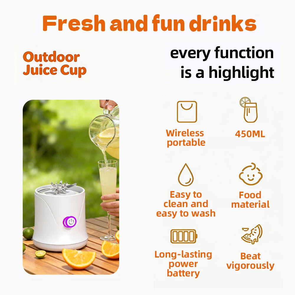 White portable blender cup with a purple power button on a wooden table, surrounded by citrus fruit slices.