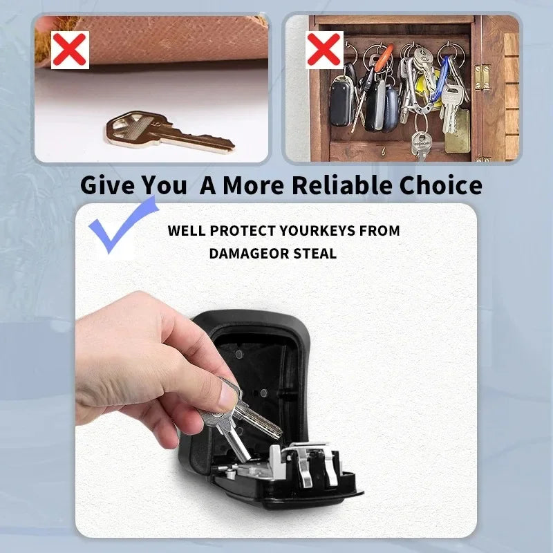 Hand holding a key inside a black metal wall-mounted key lock box with an open door.