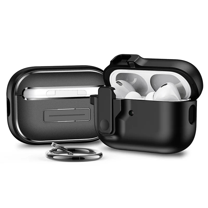 Black rugged protective case for AirPods Pro, featuring a textured finish, secure latch, and metal keyring.
