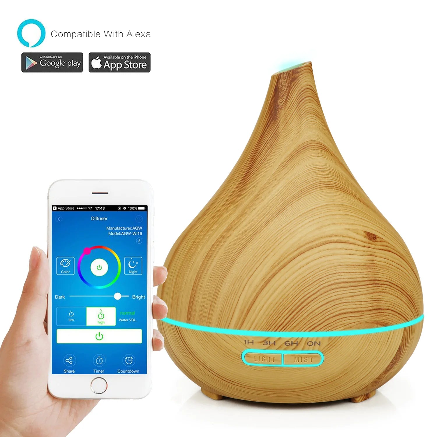 Teardrop-shaped light wood grain essential oil diffuser with a glowing blue LED ring and app control on a smartphone.