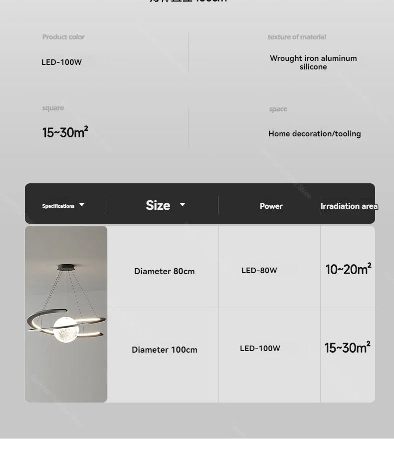 Modern pendant ceiling lamp featuring a central illuminated globe encircled by sleek, metallic rings.