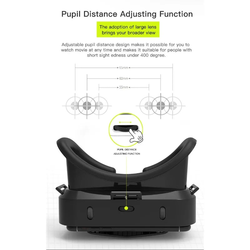 Black VR headset showing the adjustable pupil distance control dial for a customised, comfortable viewing experience.