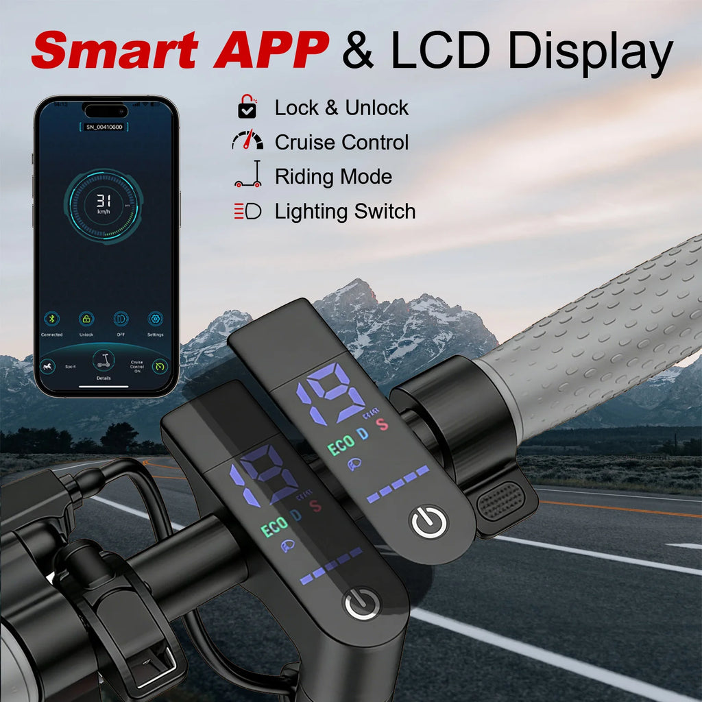 AOVOPRO black electric scooter handlebar with blue LCD dashboard and smartphone displaying smart app controls.