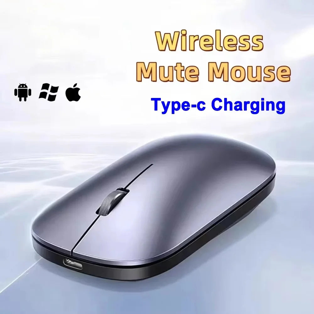 Sleek, dark grey wireless silent mouse with a low-profile ergonomic design and Type-C charging port.