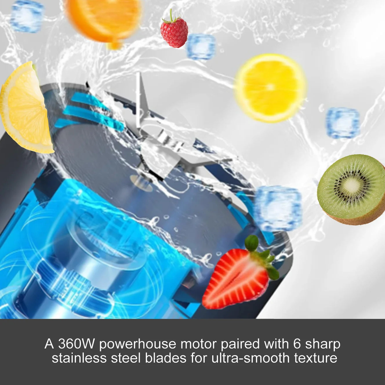 Close-up of a powerful blender base with blue internal lighting, sharp stainless steel blades, and splashing fruit.