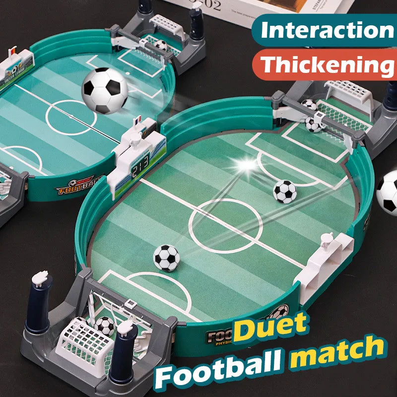 Tabletop football game with a green pitch, two goals, and mini footballs for interactive two-player matches.