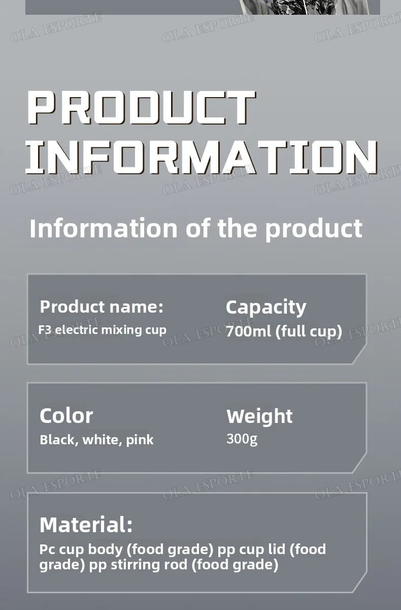 Product info graphic for a 700ml electric mixing cup, available in black, white, or pink, made from food-grade plastic.