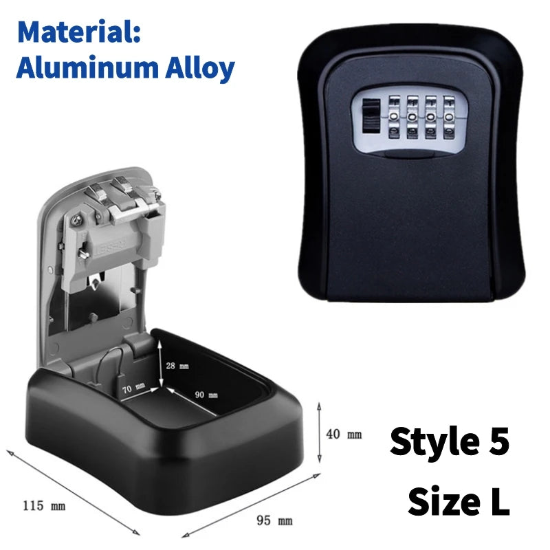 Black aluminum alloy wall-mounted key lock box with 4-digit combination dial, shown open and closed with measurements.