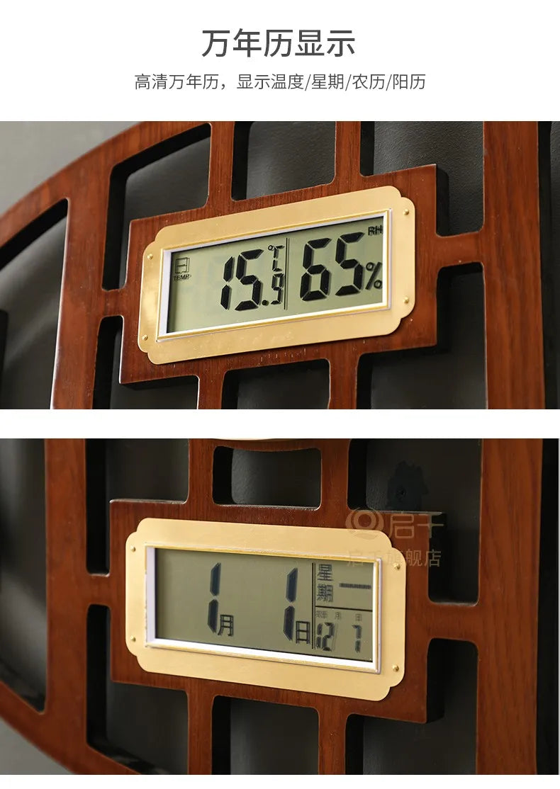 Modern wall clock with dark wood openwork frame and a gold digital display showing temperature, date and humidity.